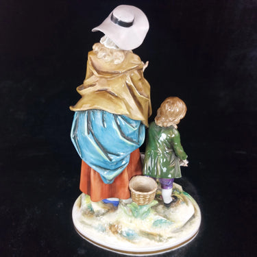 Vintage Volkstedt Figurine – Woman, Child & Dog | German Porcelain | Rococo Style | Crown N Mark